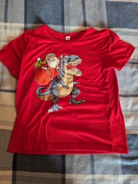 T-Shirt with Santa Riding T-Rex Graphic 4T-5T + Paw Patrol Stocking